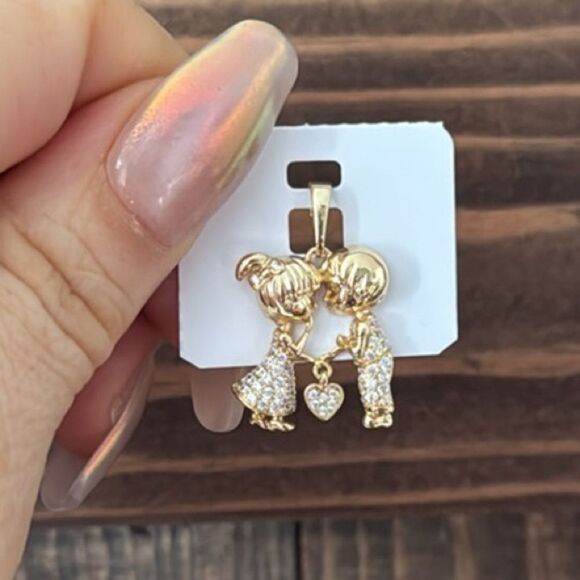 14K Gold Plated and Silver Zirconias Love Couple Pendant with Heart Charm - Picture 1 of 9